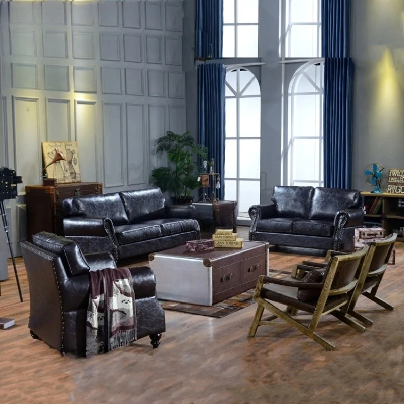 American country leather industrial style hotel lobby furniture living room large villa sofa combination
American country leather industrial style hotel lobby furniture living room large villa sofa combination
