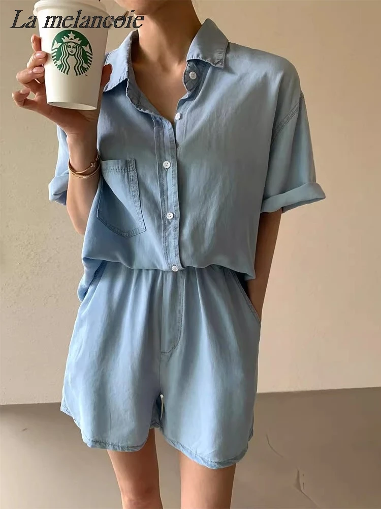 Denim Shorts Set For Woman 2024 Summer New Korean Retro Loose Blouse+high Waist Wide Leg Shorts Fashion Casual Two Piece Sets
Denim Shorts Set For Woman 2024 Summer New Korean Retro Loose Blouse+high Waist Wide Leg Shorts Fashion Casual Two Piece Sets