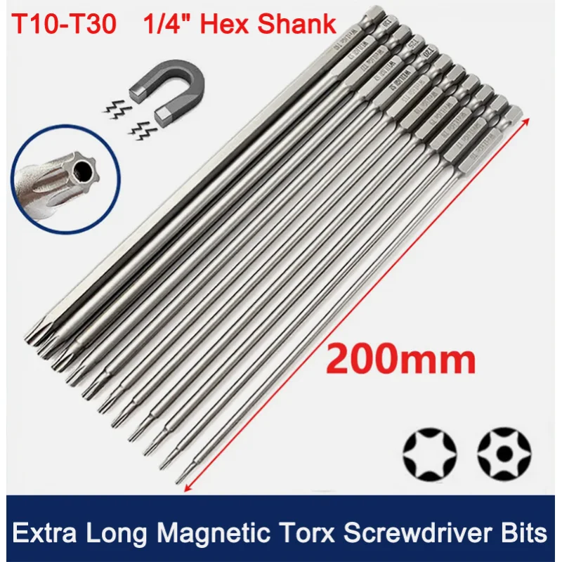 T10,T15,T20,T25,T27,T30 Magnetic Torx Screwdriver Bits S2 Steel 1/4" Hex Shank Hex Security Bit Length:200mm
T10,T15,T20,T25,T27,T30 Magnetic Torx Screwdriver Bits S2 Steel 1/4" Hex Shank Hex Security Bit Length:200mm