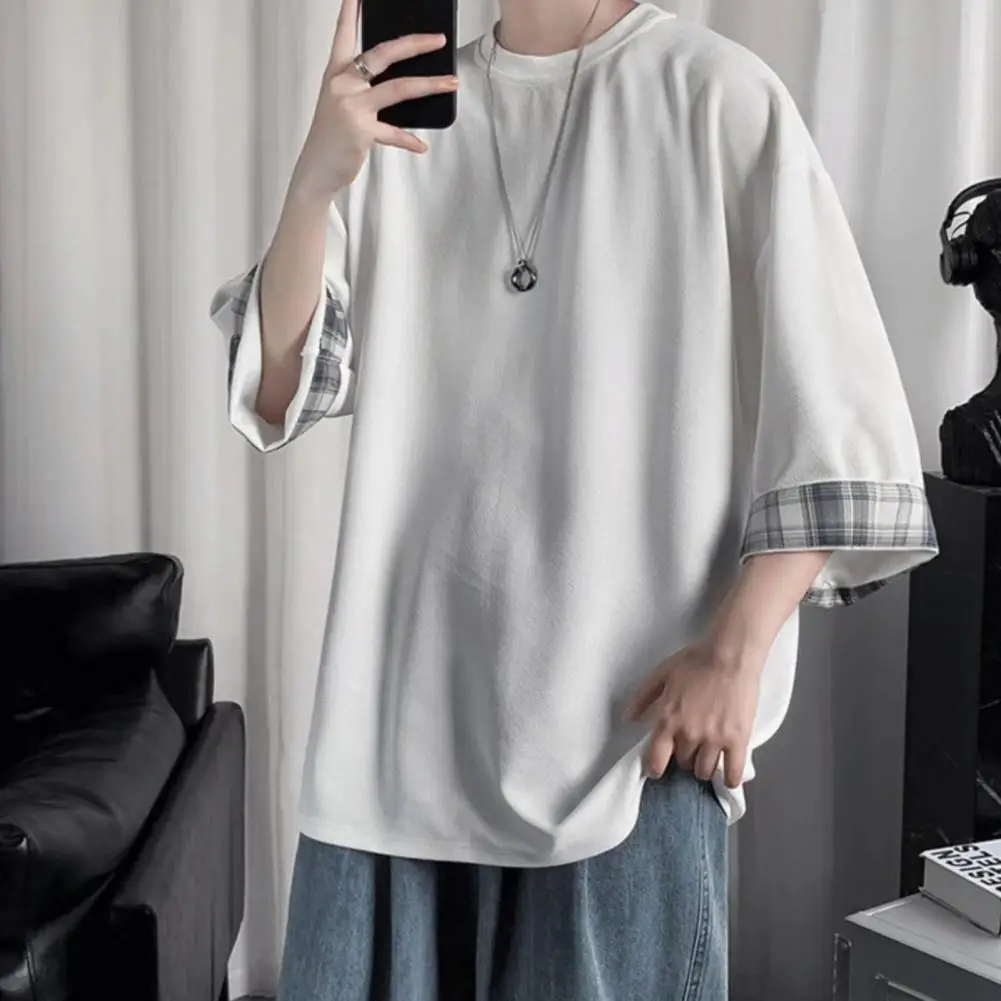 Men T-shirt Plaid Patchwork O-Neck 3/4 Sleeve Solid Color Korean Style Loose Streetwear Spring Summer T-shirts Women Oversized
Men T-shirt Plaid Patchwork O-Neck 3/4 Sleeve Solid Color Korean Style Loose Streetwear Spring Summer T-shirts Women Oversized
