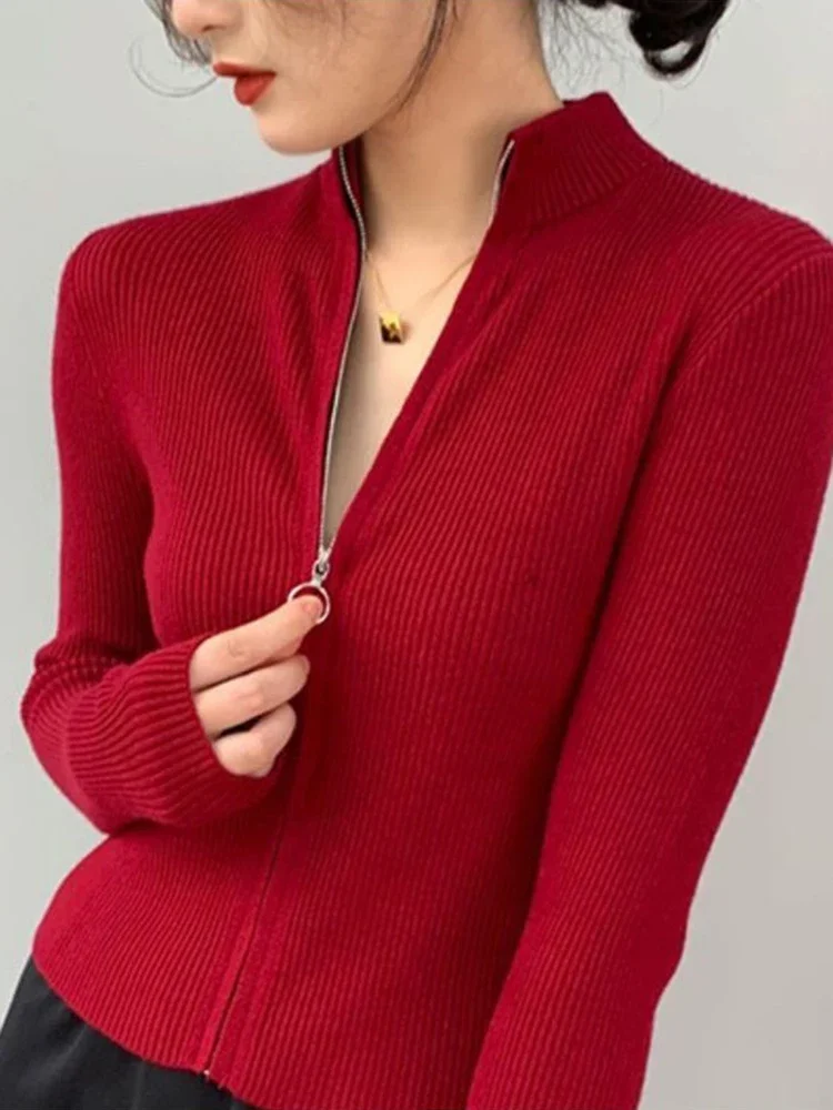 Spring Autumn Zipper Cardigan Women Sweaters Knitted Long Sleeve Stand-up Collar Tops Korean Fashion Short Sweater for Female
Spring Autumn Zipper Cardigan Women Sweaters Knitted Long Sleeve Stand-up Collar Tops Korean Fashion Short Sweater for Female