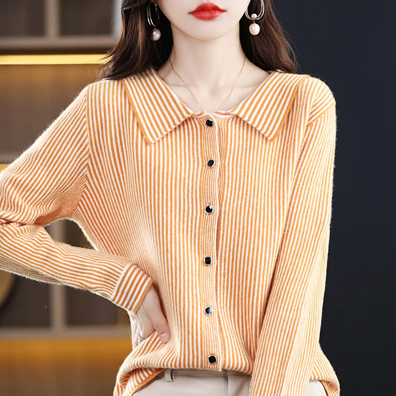 Autumn Winter Women 100% Wool Sweater New Polo Collar Vertical Stripe Cardigan Fashion Casual Knitted Soft Jacket Slim Tops
Autumn Winter Women 100% Wool Sweater New Polo Collar Vertical Stripe Cardigan Fashion Casual Knitted Soft Jacket Slim Tops