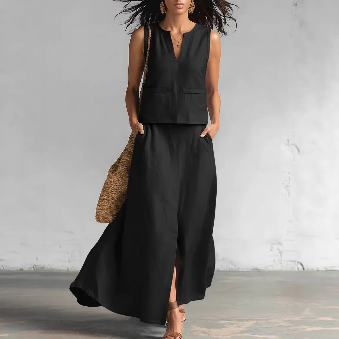 Women's Linen Blend 2 Piece Outfit Sleeveless V Neck Crop Top & Slit Maxi Skirt Set Casual Solid Color Matching Suit For Ladies
Women's Linen Blend 2 Piece Outfit Sleeveless V Neck Crop Top & Slit Maxi Skirt Set Casual Solid Color Matching Suit For Ladies