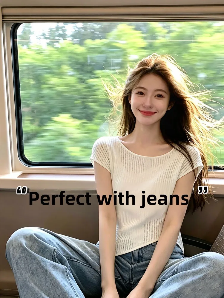Shoulder Bared Hollow out Short Sleeve Knitted Top Women's Summer Outerwear Inner Match Base T-Shirt Atmosphere Sense Top
Shoulder Bared Hollow out Short Sleeve Knitted Top Women's Summer Outerwear Inner Match Base T-Shirt Atmosphere Sense Top