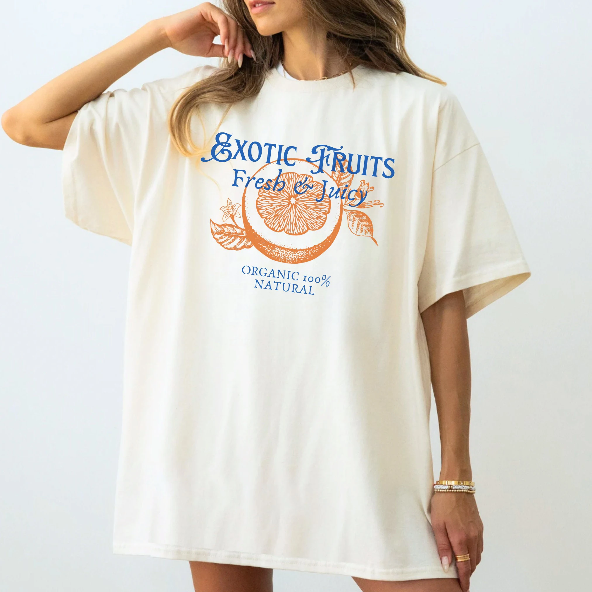 Gxotic Fruits Fresh and Juicy Origanic 100% Natural Slogan Women T-shirt Vintage Cartoon Fresh Origance Print Female Casual Tee
Gxotic Fruits Fresh and Juicy Origanic 100% Natural Slogan Women T-shirt Vintage Cartoon Fresh Origance Print Female Casual Tee