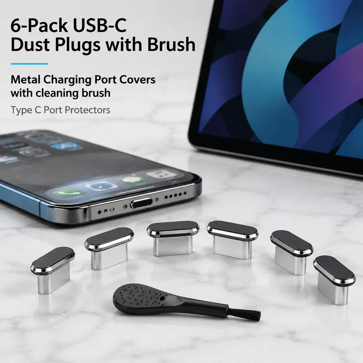 6-Pack USB-C Dust Plug with Cleaning Brush, Metal Charging Port Protector for iPhone 15/16 17 Series, Samsung Galaxy S20-S24, All Type-C Devices – Anti-Dust & Scratch-Resistant Cover
6-Pack USB-C Dust Plug with Cleaning Brush, Metal Charging Port Protector for iPhone 15/16 17 Series, Samsung Galaxy S20-S24, All Type-C Devices – Anti-Dust & Scratch-Resistant Cover