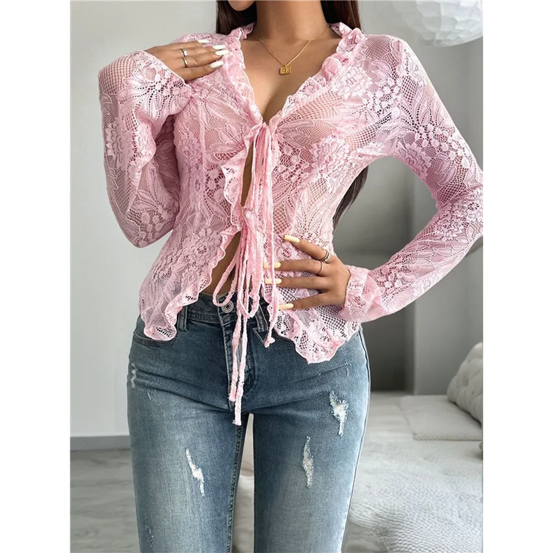 AOAO-Women's V Neck Lace Sheer Top Mesh See Through Shirts Open Front Tie Long Sleeve Blouses Y2k Going Out Tops
AOAO-Women's V Neck Lace Sheer Top Mesh See Through Shirts Open Front Tie Long Sleeve Blouses Y2k Going Out Tops