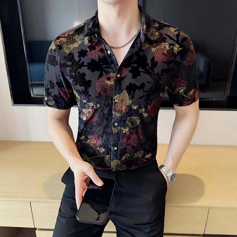 Elegant Mesh Floral Shirt Man Clothing 2025 Summer Thin Short Sleeve Men's Shirts Casual Slim Fit Flocking Blouse Homme 4XL-
Elegant Mesh Floral Shirt Man Clothing 2025 Summer Thin Short Sleeve Men's Shirts Casual Slim Fit Flocking Blouse Homme 4XL-