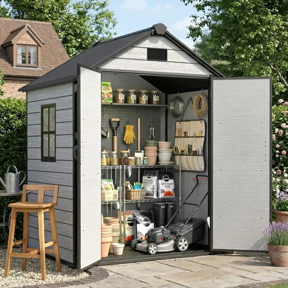 Outdoor Storage Shed 6x4.4 FT, Resin Shed with Floor, Window amp Vents, Waterproof Plastic Shed with Lockable Door for Backyard
Outdoor Storage Shed 6x4.4 FT, Resin Shed with Floor, Window amp Vents, Waterproof Plastic Shed with Lockable Door for Backyard