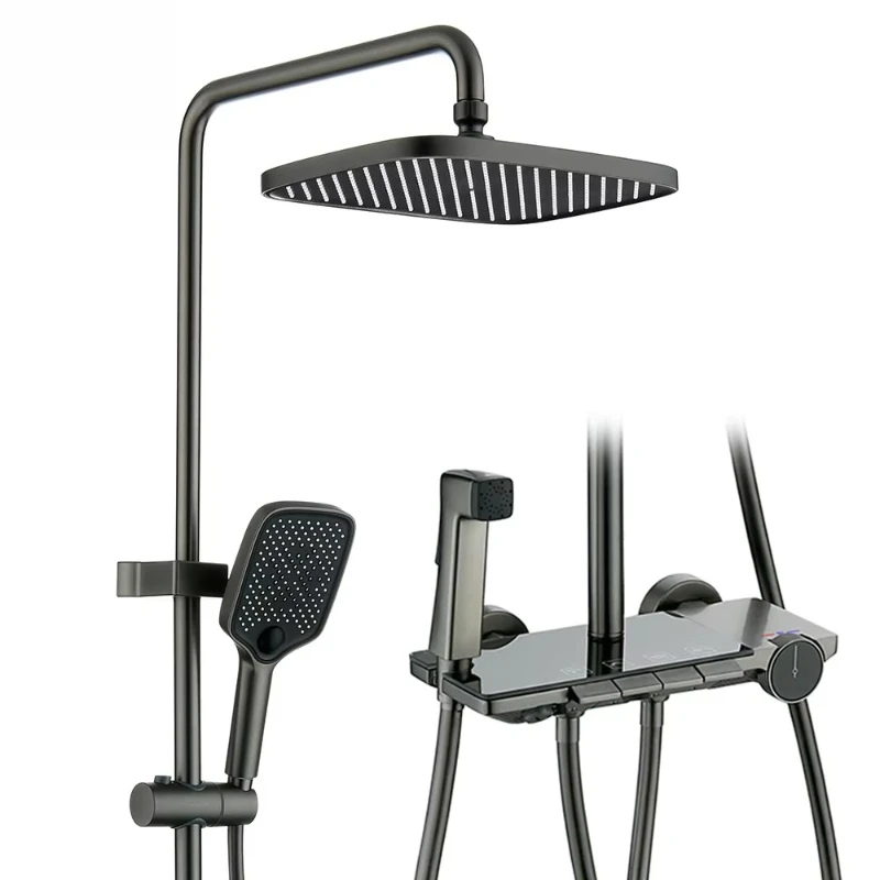 Black digital thermostatic shower unit, bathroom shower mixer column with shelf function
Black digital thermostatic shower unit, bathroom shower mixer column with shelf function