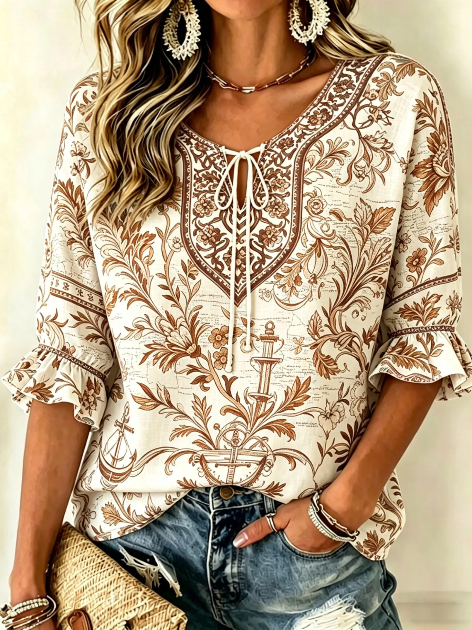 Women's Spring Summer Casual Blouse, Beige & Brown Nautical Floral Print Tops for Daily Street Holiday Dating & Leisure Outfit
Women's Spring Summer Casual Blouse, Beige & Brown Nautical Floral Print Tops for Daily Street Holiday Dating & Leisure Outfit