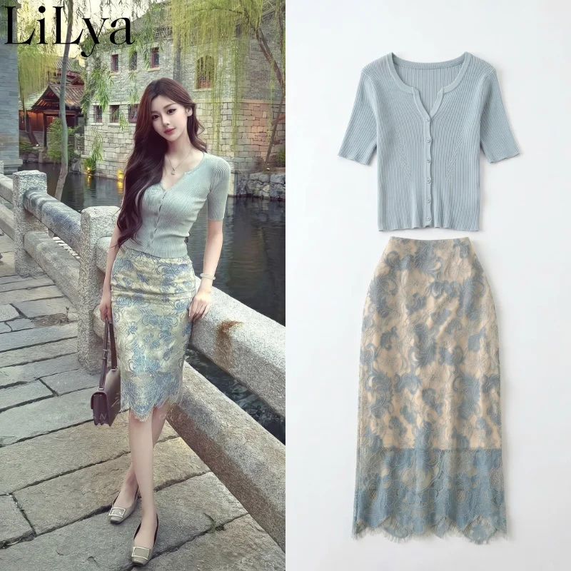 Korean Elegant Summer V Neck Lace Waist Skirt Sets Women Bodycon Skirt Short Sleeve Knit Top Suits Chic Commute Daily Outfits
Korean Elegant Summer V Neck Lace Waist Skirt Sets Women Bodycon Skirt Short Sleeve Knit Top Suits Chic Commute Daily Outfits
