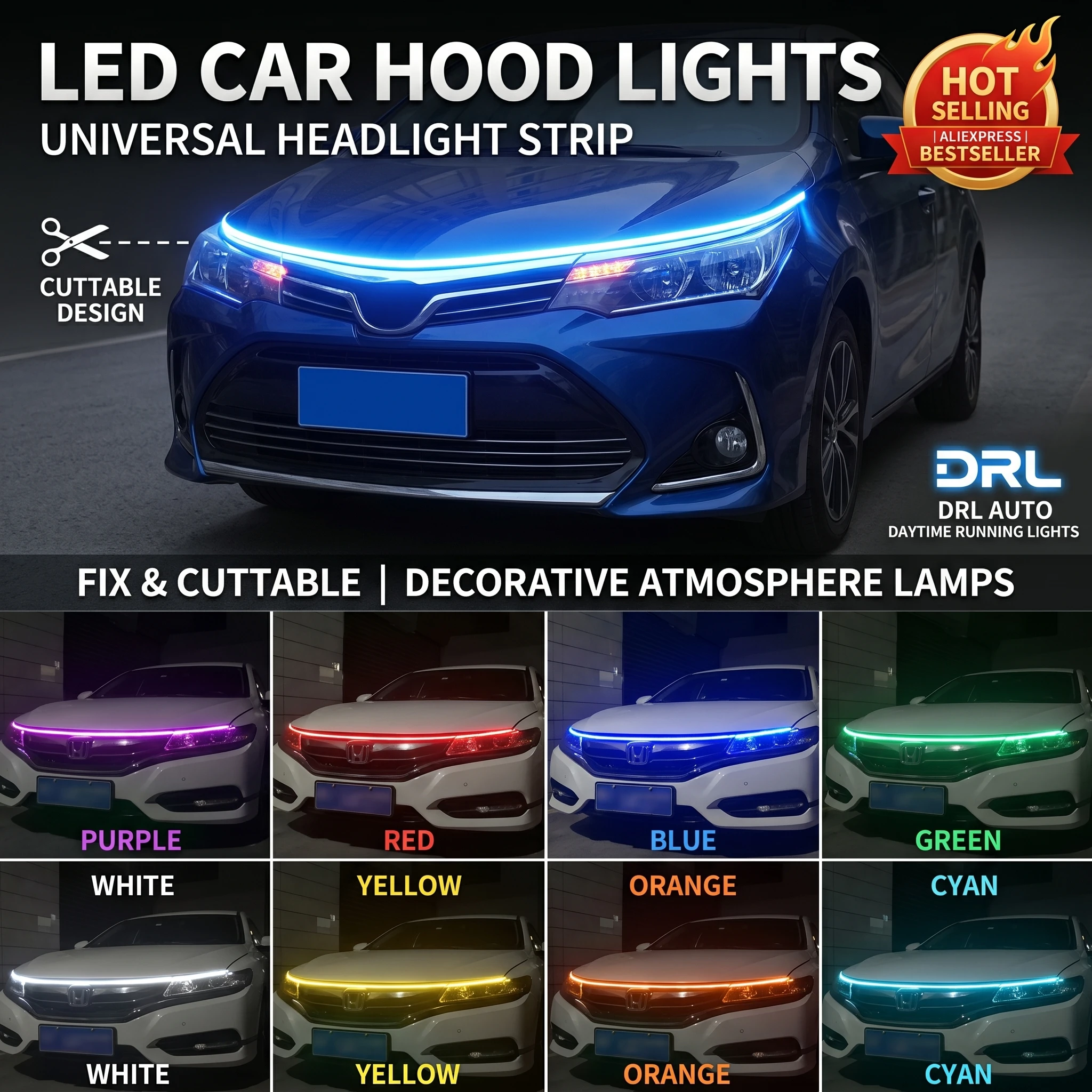 Led Car Hood Lights Universal Headlight Strip Fix Cuttable Car Decorative Atmosphere Lamps DRL Auto Daytime Running Lights
Led Car Hood Lights Universal Headlight Strip Fix Cuttable Car Decorative Atmosphere Lamps DRL Auto Daytime Running Lights