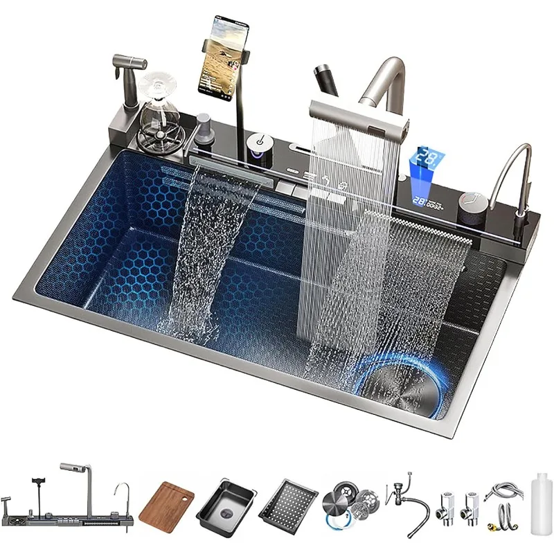 Modern Smart kitchen sink 304 Stainless Steel Single Bowl Kitchen Sinks,Digital Display Double Waterfall Sink
Modern Smart kitchen sink 304 Stainless Steel Single Bowl Kitchen Sinks,Digital Display Double Waterfall Sink