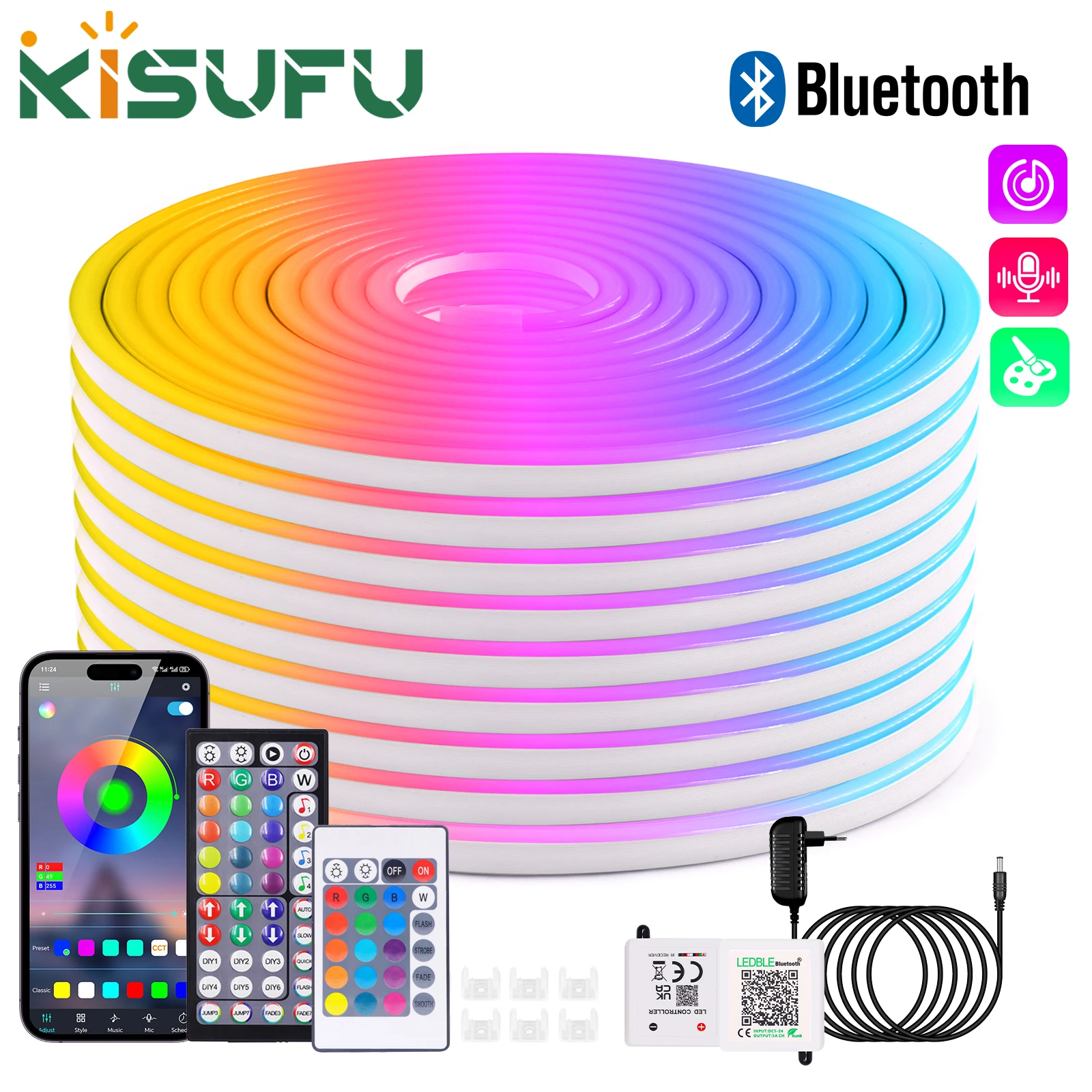30M/40M/60M RGB LED Neon Strip Lights 24V Smart App Bluetooth 24Key 44Key Remote Control Kit IP65 Music Sync Neon Rope Lights
30M/40M/60M RGB LED Neon Strip Lights 24V Smart App Bluetooth 24Key 44Key Remote Control Kit IP65 Music Sync Neon Rope Lights