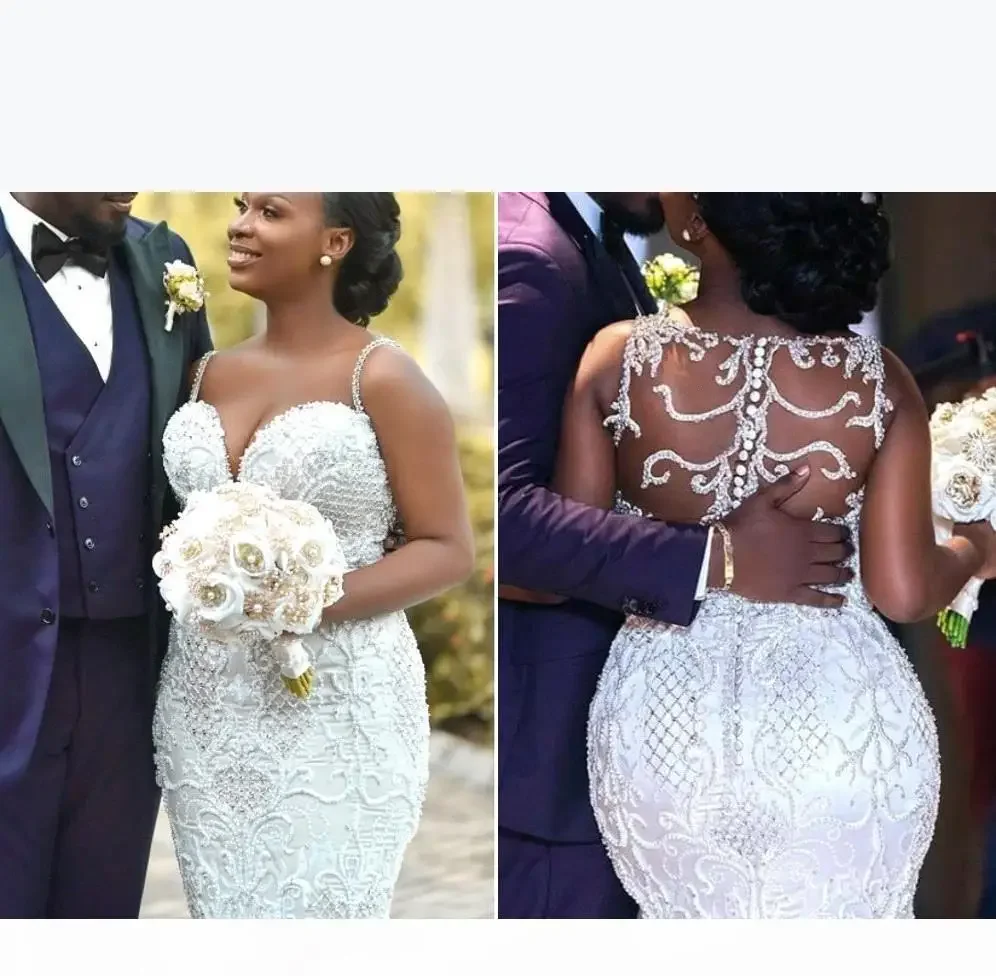 Customized Plus Size Mermaid Wedding Dresses Spaghetti Lace Appliqued Pearls Beads Country Custom Made Beach Bridal Gowns 
Customized Plus Size Mermaid Wedding Dresses Spaghetti Lace Appliqued Pearls Beads Country Custom Made Beach Bridal Gowns