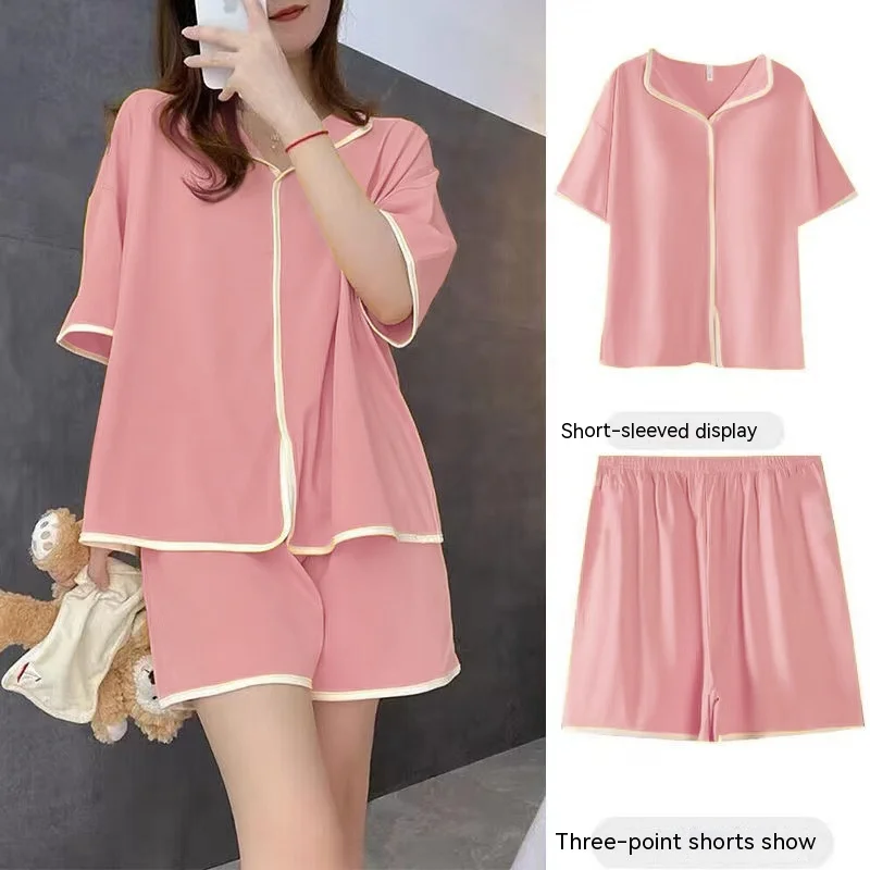 2pcs/set New Women Pajama Set Summer Short-Sleeve Top & Shorts Simple Casual Two-Piece Set Faux Cardigan Pajamas Loungewear Set
2pcs/set New Women Pajama Set Summer Short-Sleeve Top & Shorts Simple Casual Two-Piece Set Faux Cardigan Pajamas Loungewear Set