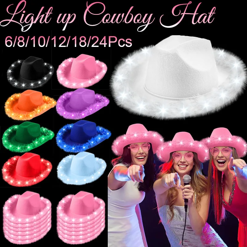6-24Set Light up Cowboy Hat LED Cowgirl Hat with Feather for Wedding Western Bachelorette Party Light up Hats for Party Supplies
6-24Set Light up Cowboy Hat LED Cowgirl Hat with Feather for Wedding Western Bachelorette Party Light up Hats for Party Supplies