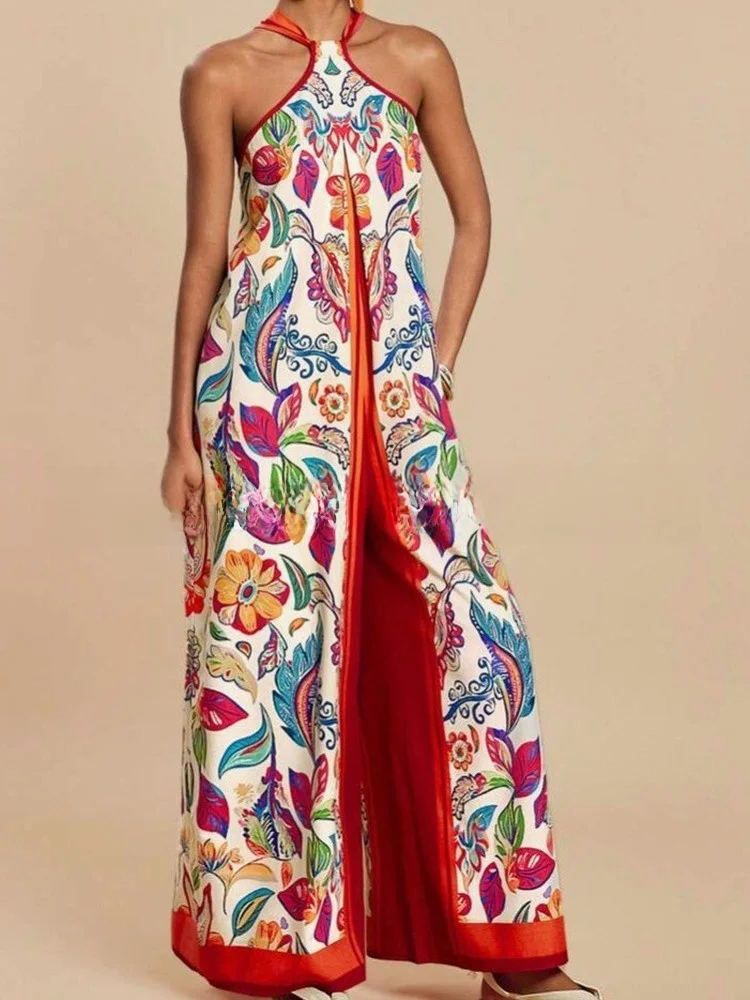 Fashionable Bohemian Style Women's Jumpsuit with Neck Hanging Sleeveless Wide Leg Pants High Waist Long Pants Polyester Fabric
Fashionable Bohemian Style Women's Jumpsuit with Neck Hanging Sleeveless Wide Leg Pants High Waist Long Pants Polyester Fabric