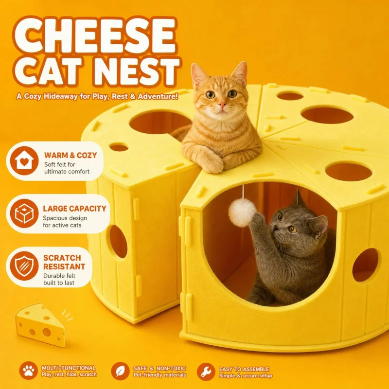 Cheese Design Felt Hideout Bed for Indoor Cats Interactive Play House Foldable Nest Pet Furniture
Cheese Design Felt Hideout Bed for Indoor Cats Interactive Play House Foldable Nest Pet Furniture