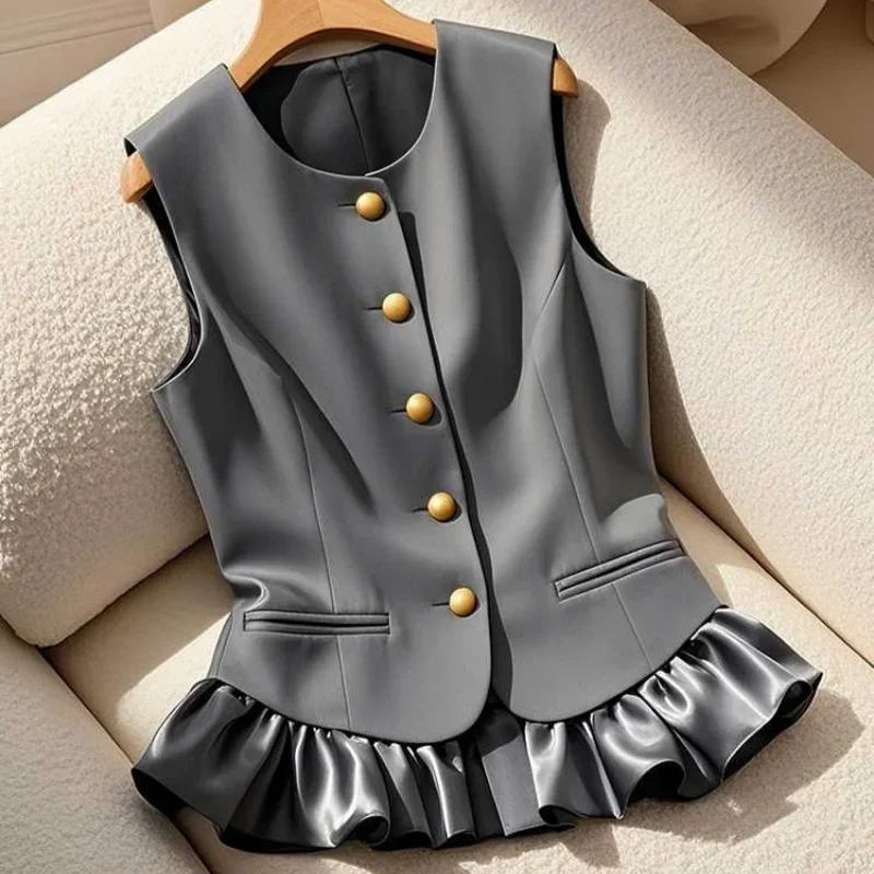 Solid Gray Ruffled Patchwork Waistcoats Single Breasted Blazers Vests Coat Temperament Women Formal Elegant Outerwear Summer New
Solid Gray Ruffled Patchwork Waistcoats Single Breasted Blazers Vests Coat Temperament Women Formal Elegant Outerwear Summer New