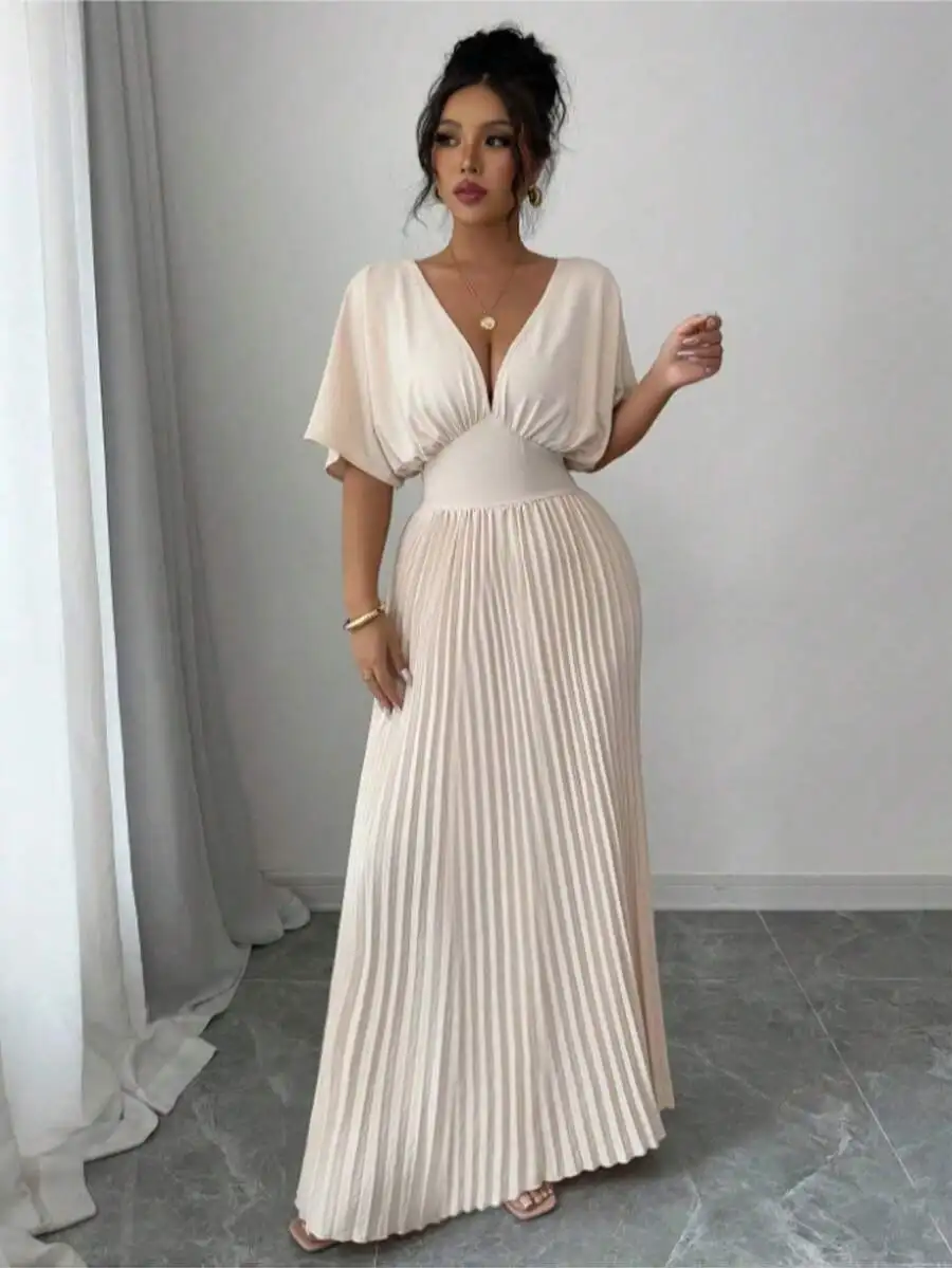 Deep V Neck Pleated Elegant Floor Length Maxi Dress For Summer
Deep V Neck Pleated Elegant Floor Length Maxi Dress For Summer