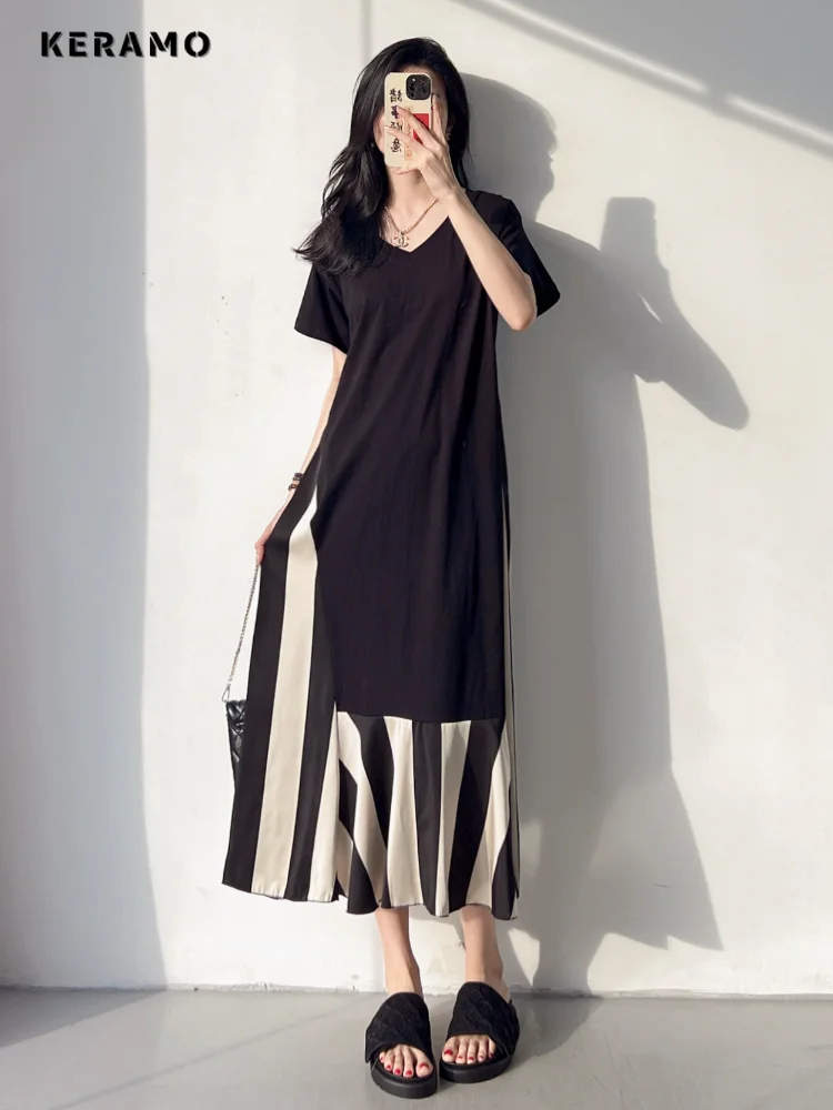 2023 Summer Vintage Short Sleeve V-neck Patchwork Midi Dresses For Women Causal High Waist A-Line Striped Loose Fit Dress
2023 Summer Vintage Short Sleeve V-neck Patchwork Midi Dresses For Women Causal High Waist A-Line Striped Loose Fit Dress