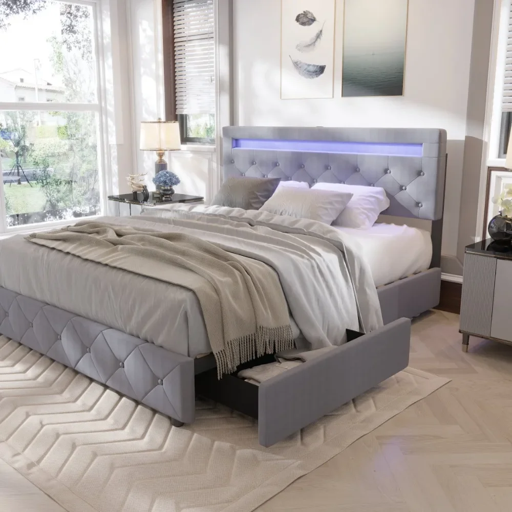 Queen Size Bed Frame with LED Light Headboard, Upholstered Platform Bed with 4 Drawers, Adjustable LED Light Headboard
Queen Size Bed Frame with LED Light Headboard, Upholstered Platform Bed with 4 Drawers, Adjustable LED Light Headboard