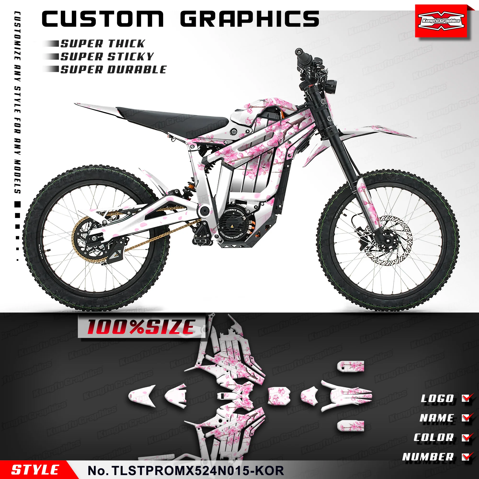 Наклейки KUNGFU GRAPHICS, полная виниловая графика для TALARIA STING MX5 PRO Dirt eBike, Cherry Blossoms, TLSTPROMX524N015-KOR 
Наклейки KUNGFU GRAPHICS, полная виниловая графика для TALARIA STING MX5 PRO Dirt eBike, Cherry Blossoms, TLSTPROMX524N015-KOR