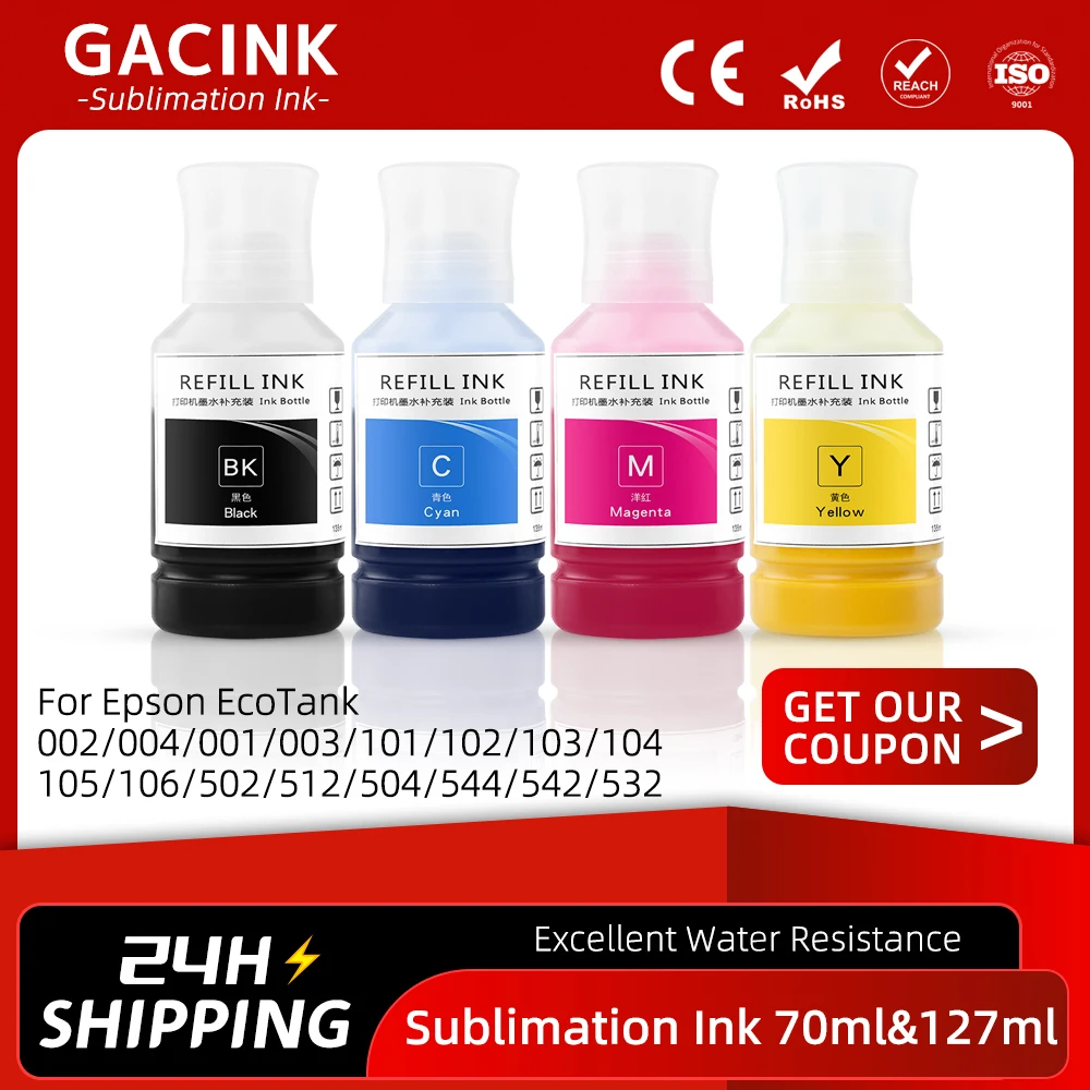 001/003/101/102/103/104/105/106/502/512/504/522/544/542/532 Sublimation Ink Heat Press Transfer Ink For Epson EcoTank Printer
001/003/101/102/103/104/105/106/502/512/504/522/544/542/532 Sublimation Ink Heat Press Transfer Ink For Epson EcoTank Printer