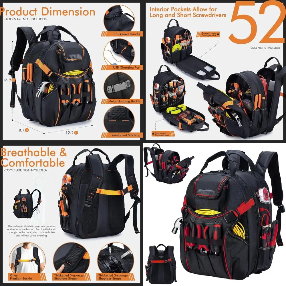 Heavy-Duty 52-Pocket Waterproof Tool Backpack for Men with Laptop Compartment - Ideal for Electricians and Construction Workers
Heavy-Duty 52-Pocket Waterproof Tool Backpack for Men with Laptop Compartment - Ideal for Electricians and Construction Workers