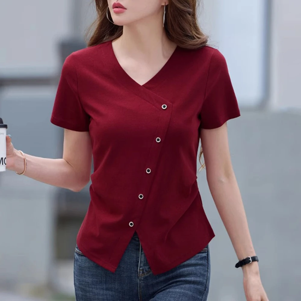 Red pure cotton short sleeved t-shirt women's summer new high-quality fashion plus size V-neck loose slit casual top
Red pure cotton short sleeved t-shirt women's summer new high-quality fashion plus size V-neck loose slit casual top