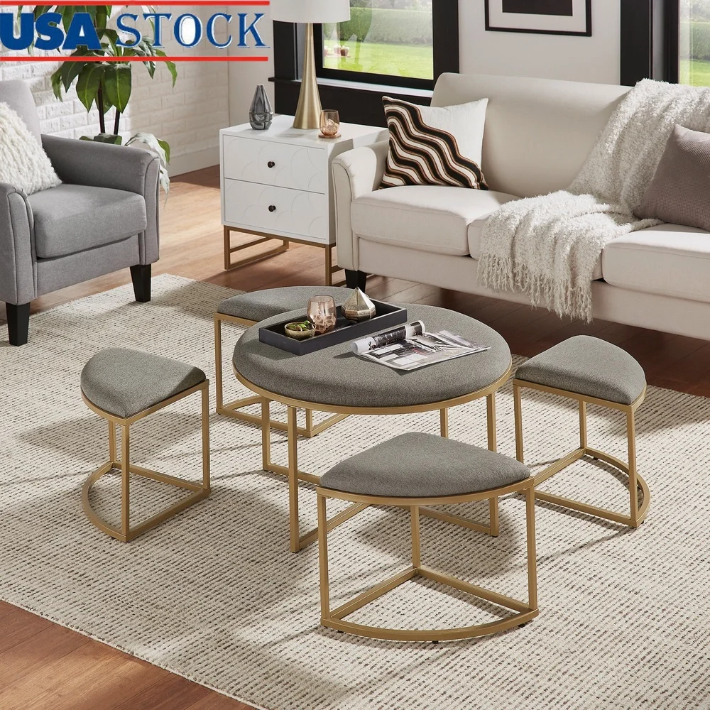 Современный круглый журнальный столик с 4 табуретками, многофункциональный, экономящий пространство, обитая тканью, пенопластовая подкладка для внутреннего использования, гламурный 
Современный круглый журнальный столик с 4 табуретками, многофункциональный, экономящий пространство, обитая тканью, пенопластовая подкладка для внутреннего использования, гламурный