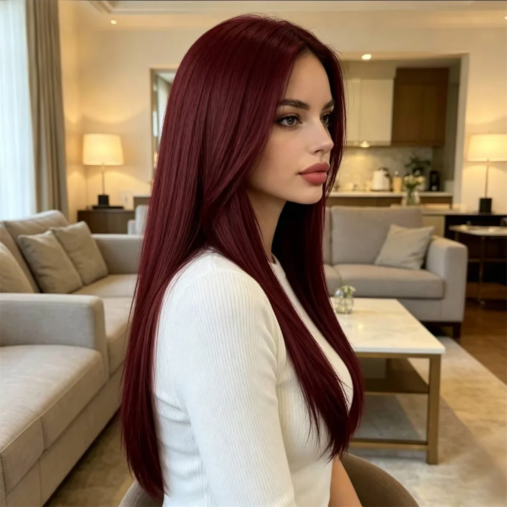 99j Burgundy color 26 Inch Soft Long silky Straight 13x4 Lace Front Wig For Black Women Synthetic Preplucked Glueless Baby Hair Daily
99j Burgundy color 26 Inch Soft Long silky Straight 13x4 Lace Front Wig For Black Women Synthetic Preplucked Glueless Baby Hair Daily