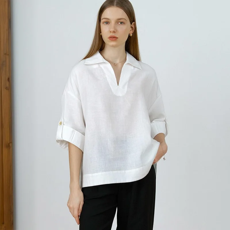 Ретро-шик: хлопково-льняные белые рубашки для женщин с V-образным вырезом и отложным воротником, с длинным рукавом, повседневные свободные блузки для офиса, модные женские топы
Ретро-шик: хлопково-льняные белые рубашки для женщин с V-образным вырезом и отложным воротником, с длинным рукавом, повседневные свободные блузки для офиса, модные женские топы