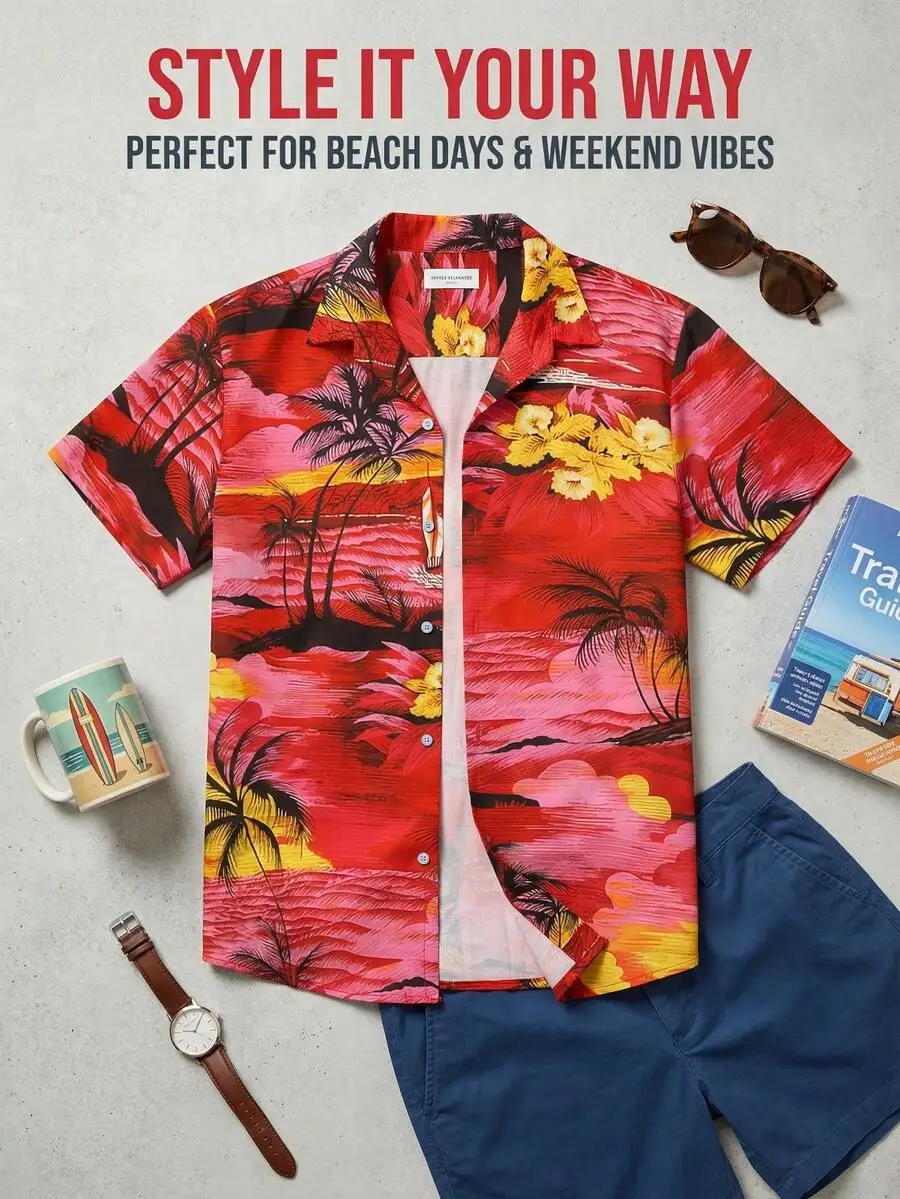Mens Short Sleeve Tropical Print Button-Up Shirt With Palm Trees And Hibiscus, Casual Beachwear For Summer Vacations
Mens Short Sleeve Tropical Print Button-Up Shirt With Palm Trees And Hibiscus, Casual Beachwear For Summer Vacations