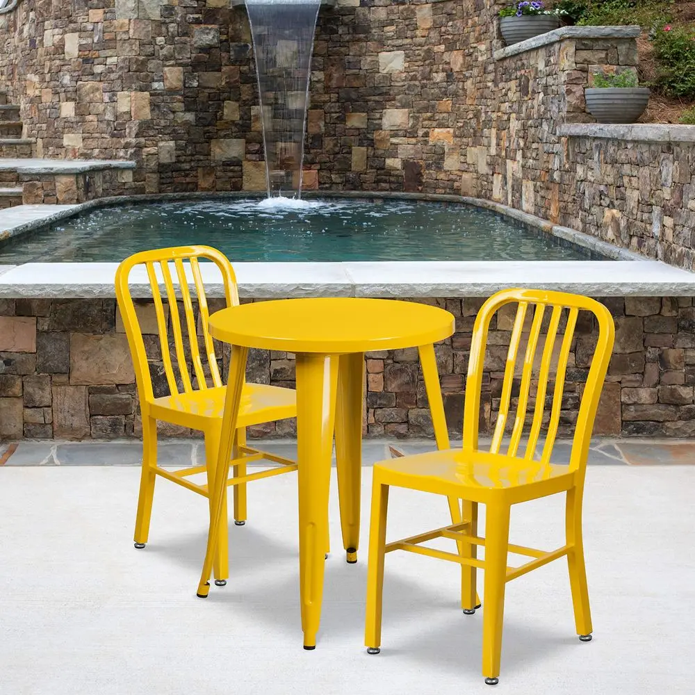 Commercial Grade 24 Round Yellow Metal Table Set2 Vertical Slat Back Chairs
Commercial Grade 24 Round Yellow Metal Table Set2 Vertical Slat Back Chairs
