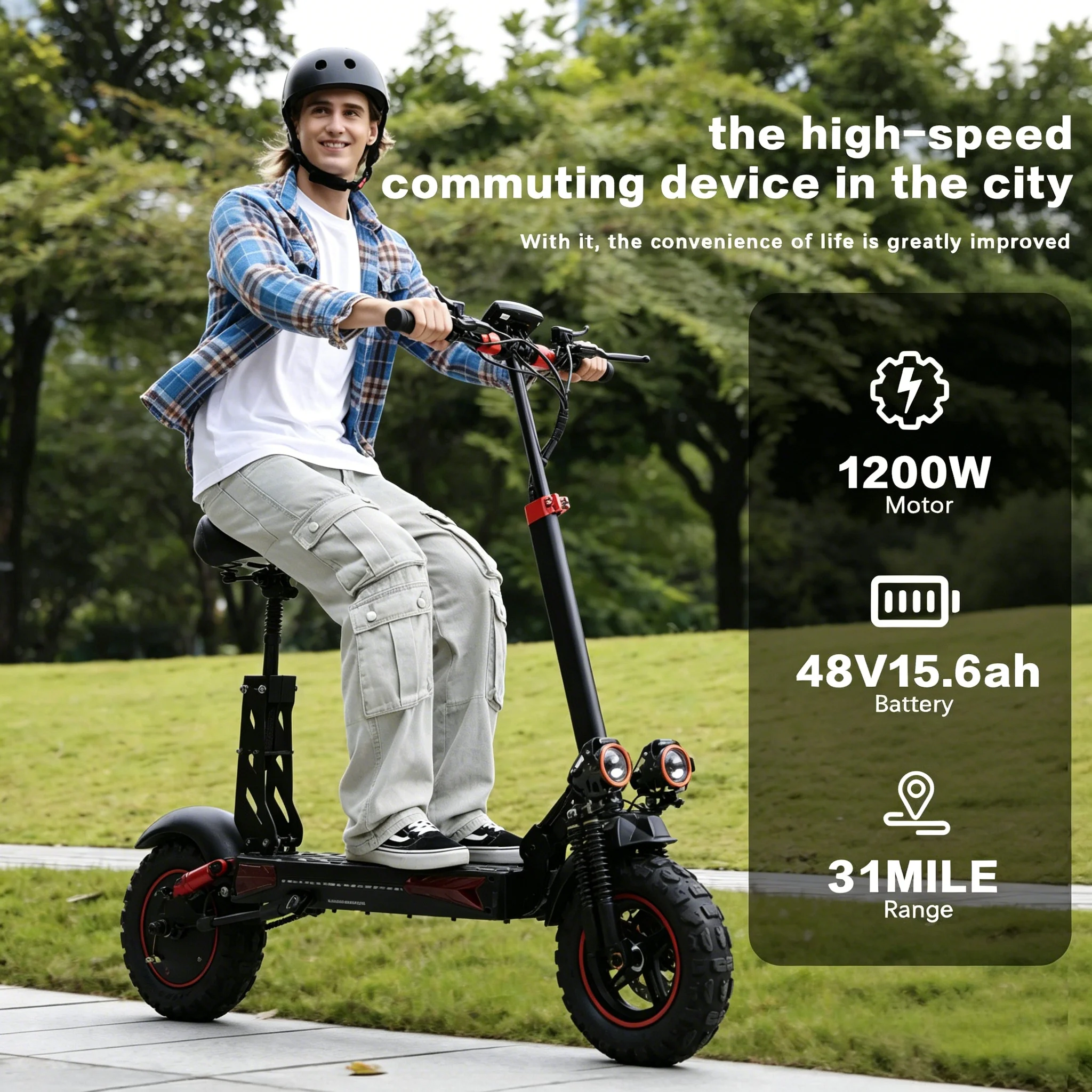 1200W Electric Scooter for Adults, 50KM/H Fast Speed, 48V 15.6Ah Battery, 11" Off-Road Tubeless Tires, Dual Suspension, Double Disc Brake, LED Lights
1200W Electric Scooter for Adults, 50KM/H Fast Speed, 48V 15.6Ah Battery, 11" Off-Road Tubeless Tires, Dual Suspension, Double Disc Brake, LED Lights