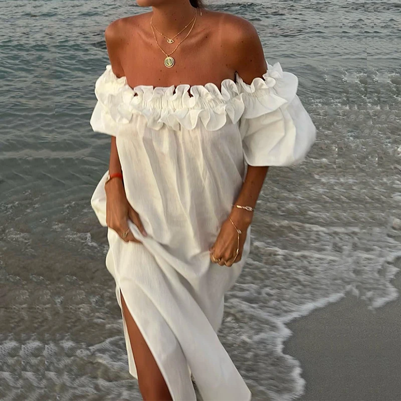 Women Sexy Hollow Ruffle Split Beach Dress 2024 Casual Loose Slash Neck Long Dress Fashion Off Shoulder Puff Sleeve Party Dress
Women Sexy Hollow Ruffle Split Beach Dress 2024 Casual Loose Slash Neck Long Dress Fashion Off Shoulder Puff Sleeve Party Dress