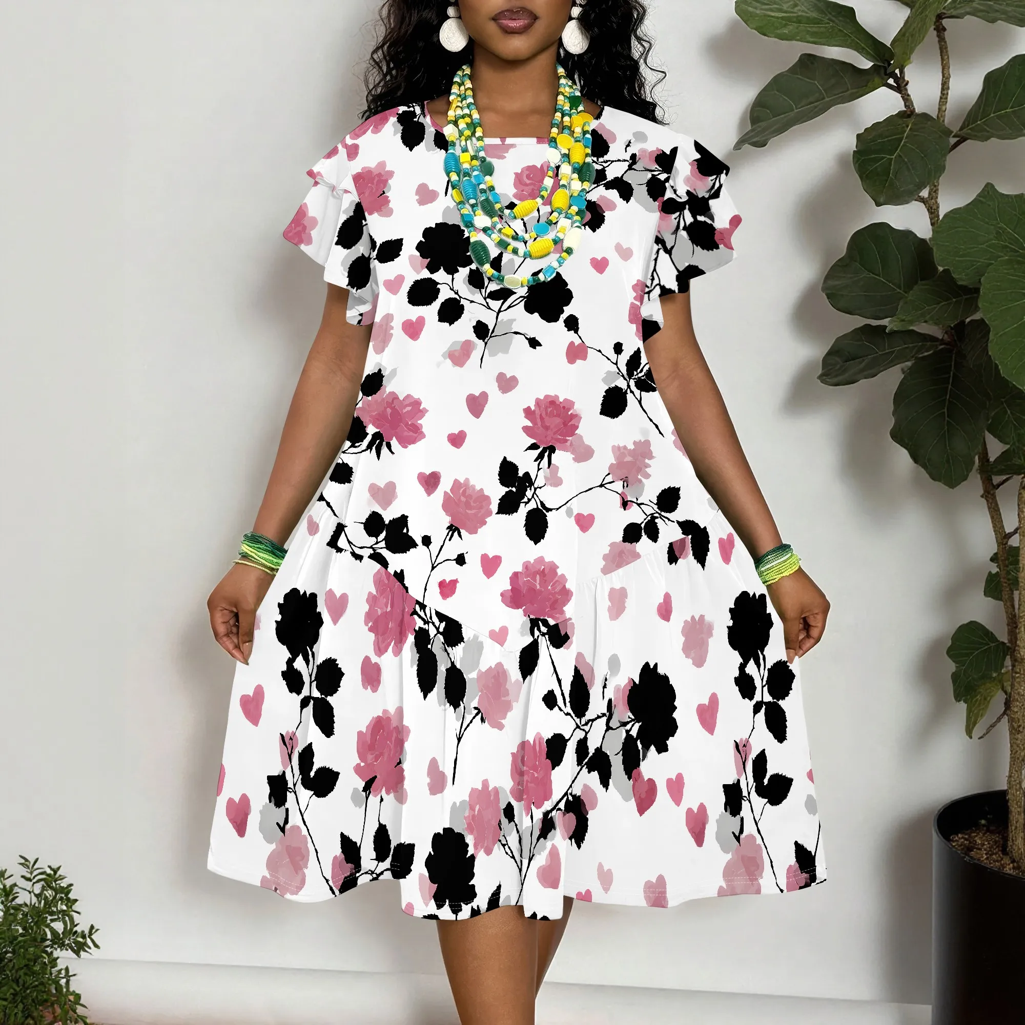 Women's Floral Heart Print Short Sleeve Dress, Summer Casual A-Line Midi Dress for Plus Size
Women's Floral Heart Print Short Sleeve Dress, Summer Casual A-Line Midi Dress for Plus Size