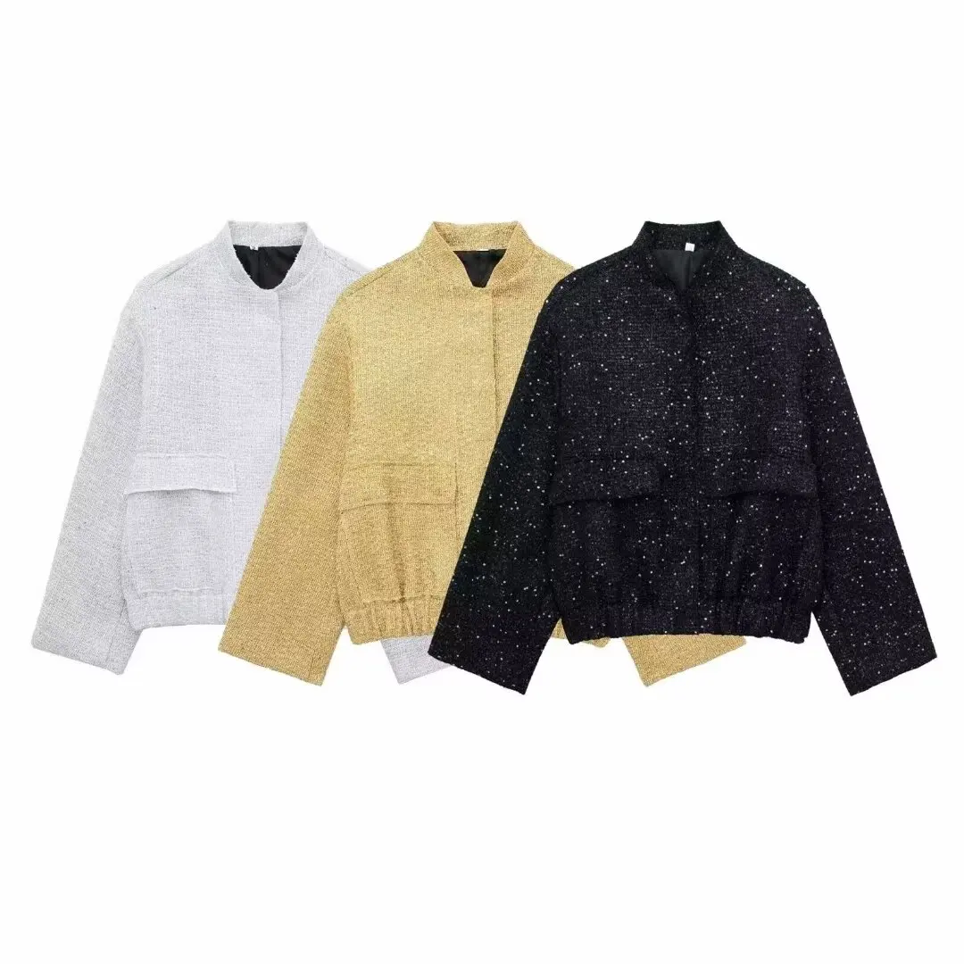 European and American style foreign trade women's clothing new fashion leisure stand collar loose long sleeve sequined jacket
European and American style foreign trade women's clothing new fashion leisure stand collar loose long sleeve sequined jacket