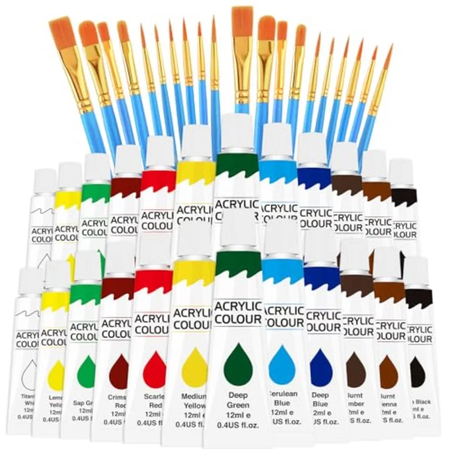 Acrylic Paint Set 12 Colors 2 Pack With 20 Paint Brushes, 24 Acrylic Paints for Adults, Beginner, Professional Artists, Non-Tox
Acrylic Paint Set 12 Colors 2 Pack With 20 Paint Brushes, 24 Acrylic Paints for Adults, Beginner, Professional Artists, Non-Tox