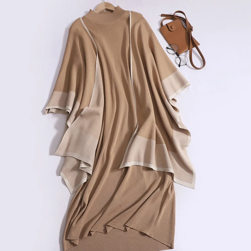 Women Fall Winter Casual Contrast Color Shawl Solid Mock Neck Long Sleeve Knit Elastic Mid-Length Bottom Dress Elegant Loose Set
Women Fall Winter Casual Contrast Color Shawl Solid Mock Neck Long Sleeve Knit Elastic Mid-Length Bottom Dress Elegant Loose Set