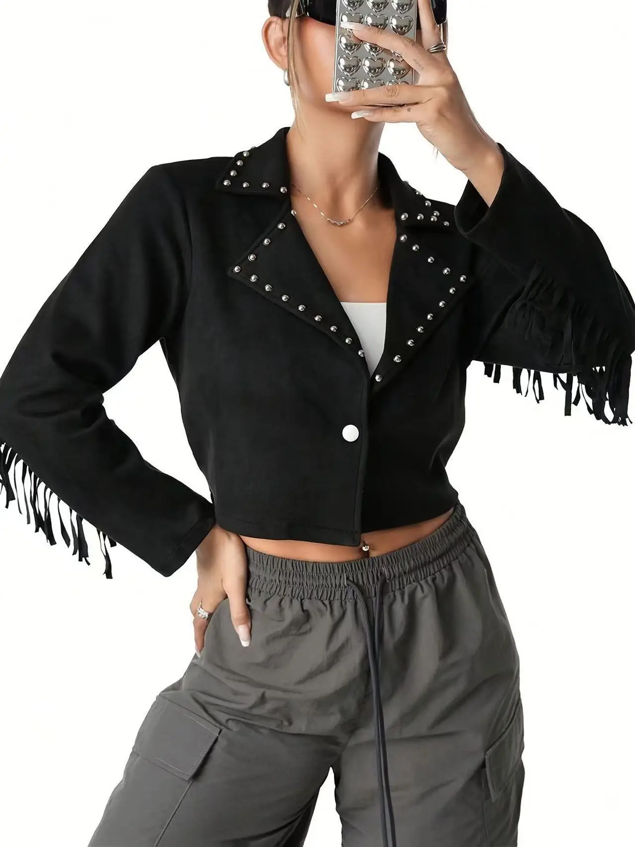 Women's Western Studded Faux Suede Jacket, Short Cropped Fringe Coat Metal Conches Punk Rock Cowboy Festival Streetwear
Women's Western Studded Faux Suede Jacket, Short Cropped Fringe Coat Metal Conches Punk Rock Cowboy Festival Streetwear