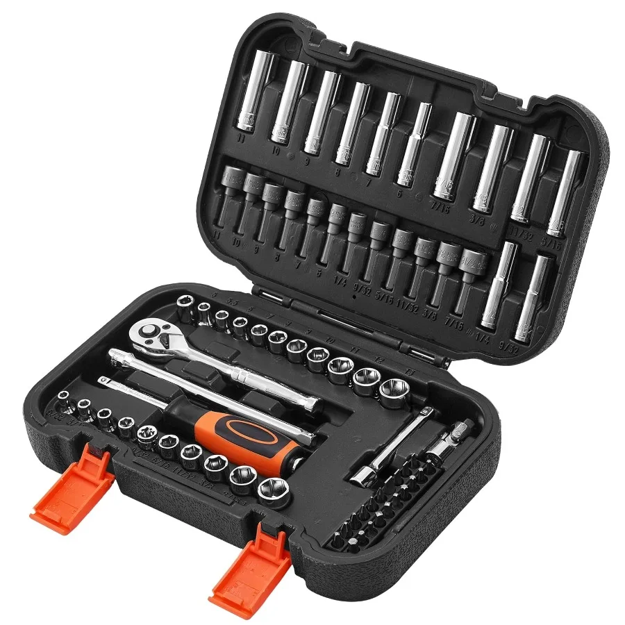 70-Piece Socket Set with 1/4 Inch Drive Ratchet, SAE Metric Sizes, Deep Shallow Sockets, Bits Accessories in Durable CR-V Alloy
70-Piece Socket Set with 1/4 Inch Drive Ratchet, SAE Metric Sizes, Deep Shallow Sockets, Bits Accessories in Durable CR-V Alloy