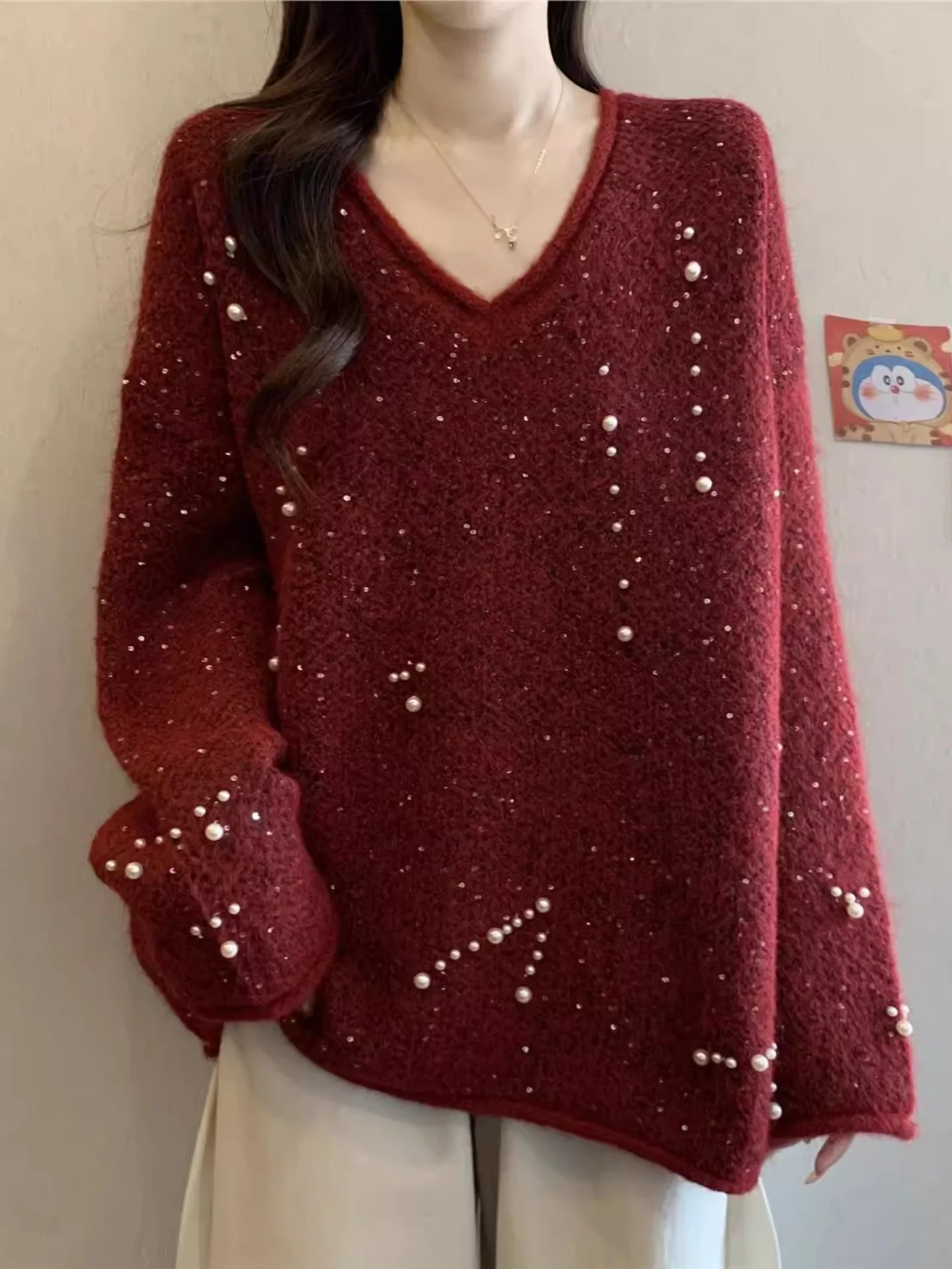 Ele V-Ne Long Sve Knitwear Women's plus Size Autumn Winter Sweater High-End Beadwork Red Wine Color oulder-Length
Ele V-Ne Long Sve Knitwear Women's plus Size Autumn Winter Sweater High-End Beadwork Red Wine Color oulder-Length