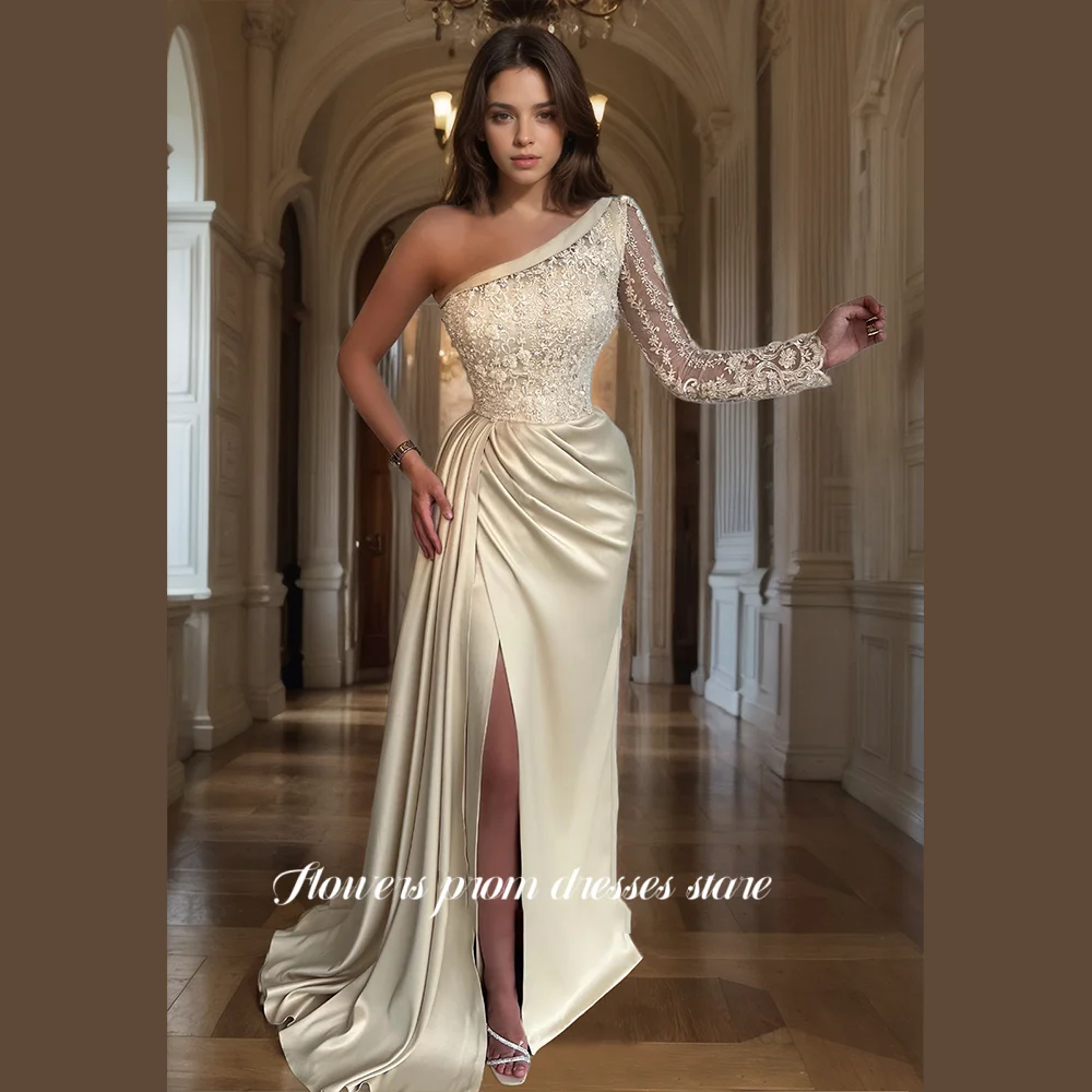 Flowers Prom One Shoulder Long Sleeve Evening Dress Satin Cocktail Party Dress for Women Crystals Elegant Prom Gowns Customized
Flowers Prom One Shoulder Long Sleeve Evening Dress Satin Cocktail Party Dress for Women Crystals Elegant Prom Gowns Customized