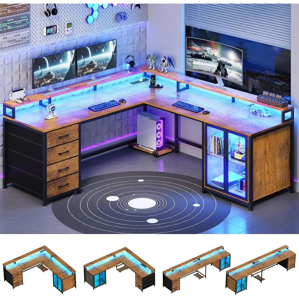 L-Shaped 109 Gaming Desk with 4 Drawers, Display Cabinet, 2 Monitor Stands, C-Stand, LED Lights, Power Outlet, Rustic Brown
L-Shaped 109 Gaming Desk with 4 Drawers, Display Cabinet, 2 Monitor Stands, C-Stand, LED Lights, Power Outlet, Rustic Brown