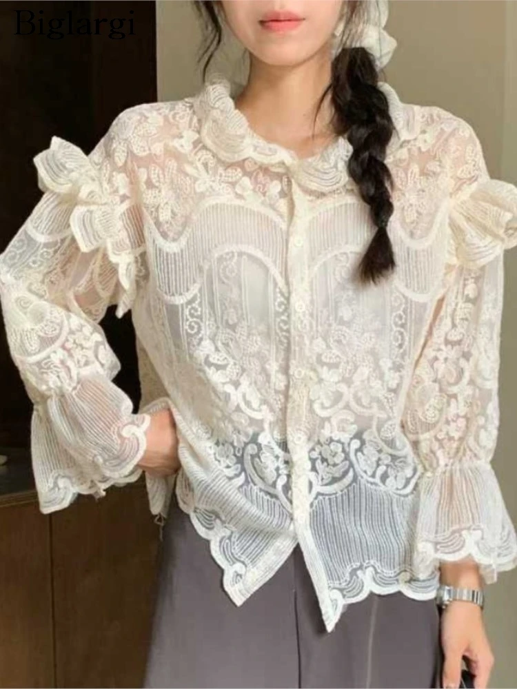 Весенне-летняя кружевная рубашка, женская новая мода, элегантные рубашки в корейском стиле, блузка, женские топы, прозрачная женская рубашка с длинными расклешенными рукавами
Весенне-летняя кружевная рубашка, женская новая мода, элегантные рубашки в корейском стиле, блузка, женские топы, прозрачная женская рубашка с длинными расклешенными рукавами