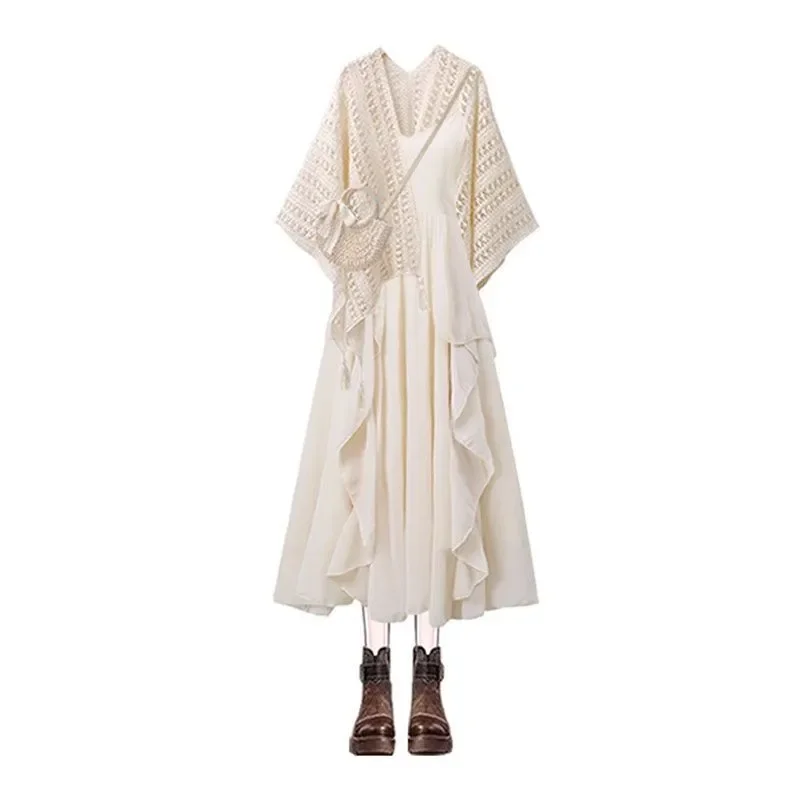 Ранняя осень, богемный женский костюм, новинка 2025 года, полая шаль, французское платье на бретельках, комплект из двух предметов 
Ранняя осень, богемный женский костюм, новинка 2025 года, полая шаль, французское платье на бретельках, комплект из двух предметов